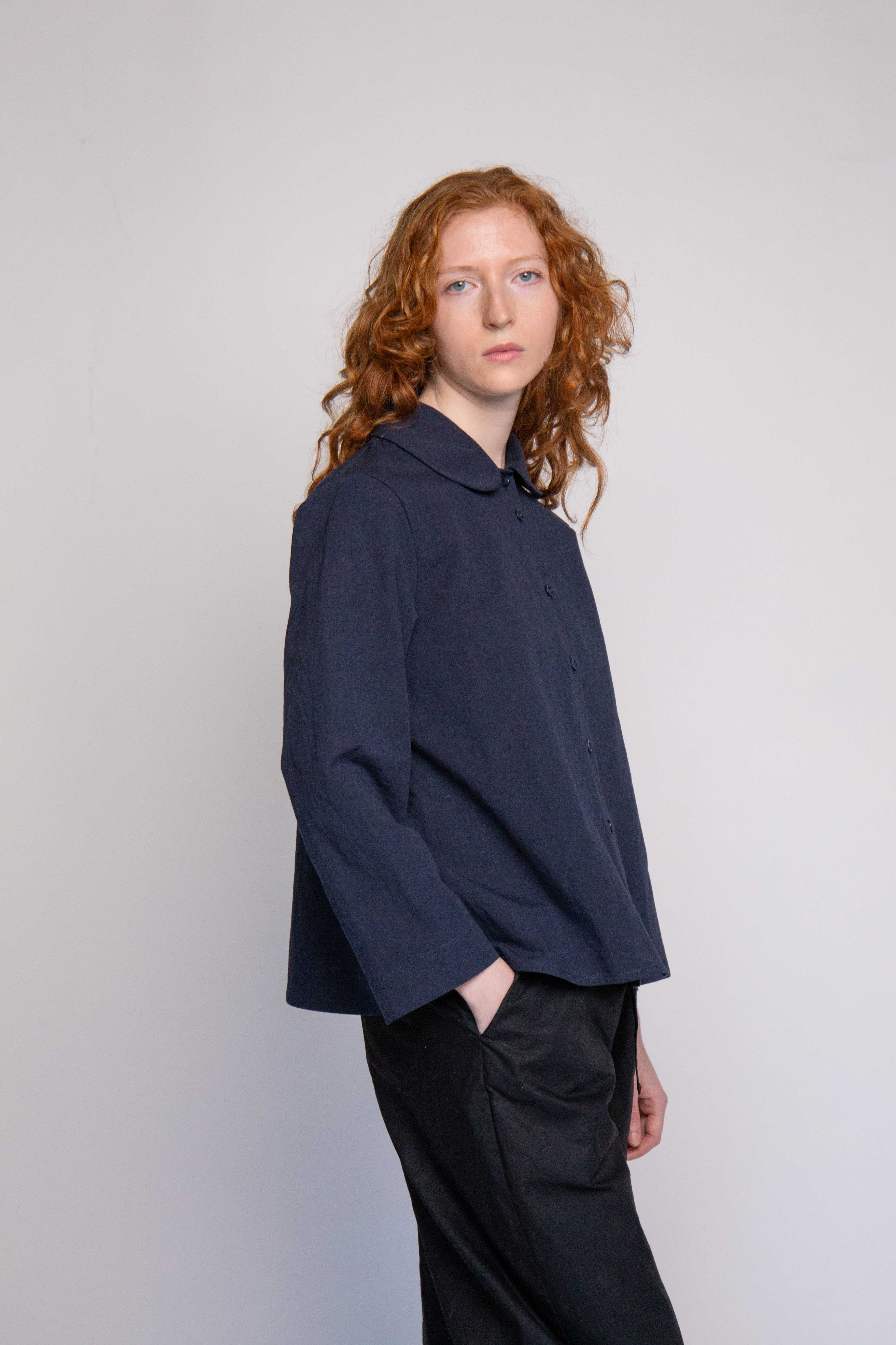 Isabella Navy Curved Collar Shirt