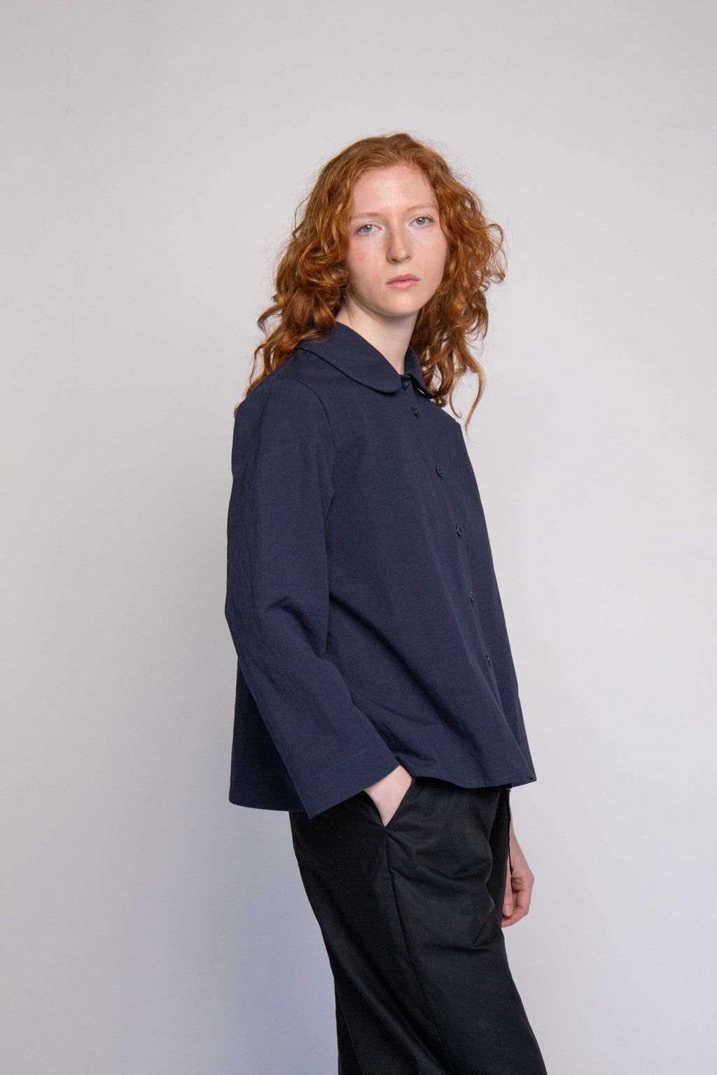 Isabella Navy Curved Collar Shirt